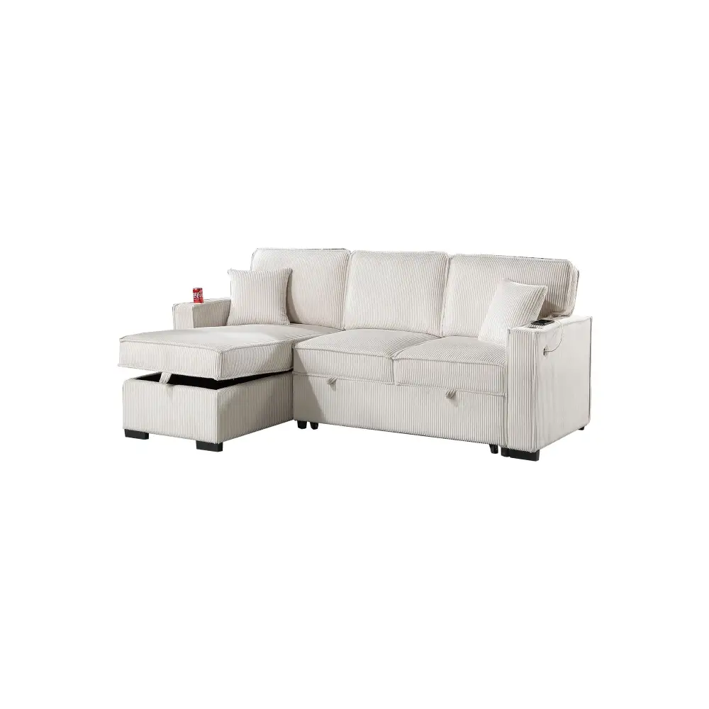 White sectional sofa with reversible chaise and storage, with pull-out bed