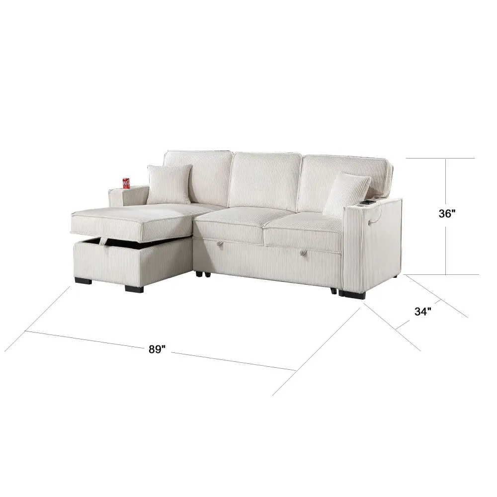 White sectional sofa with storage and reversible chaise, includes pull-out bed for versatile comfort