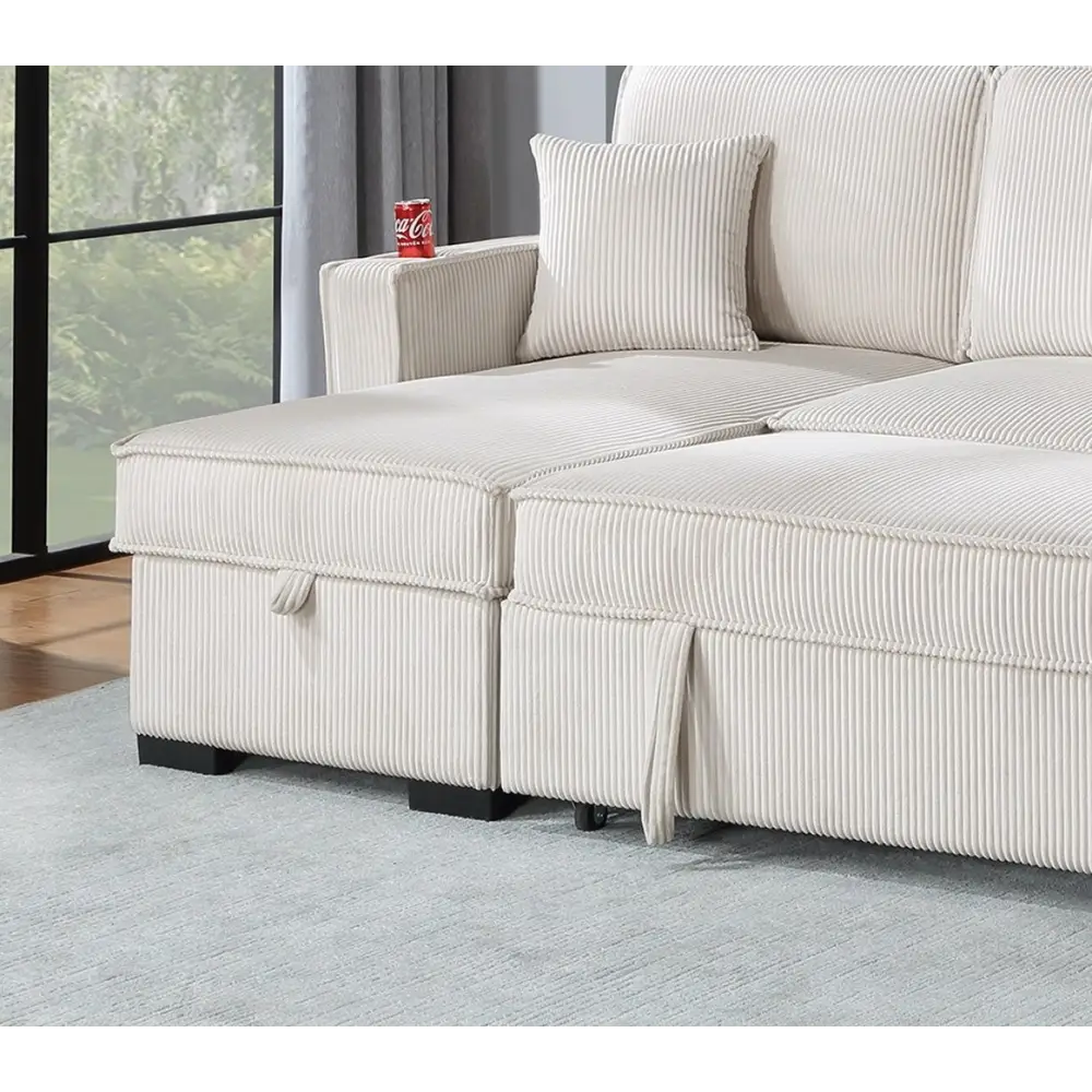 Beige Corduroy Sectional Sofa with Reversible Chaise W Storage and Pull Out Bed