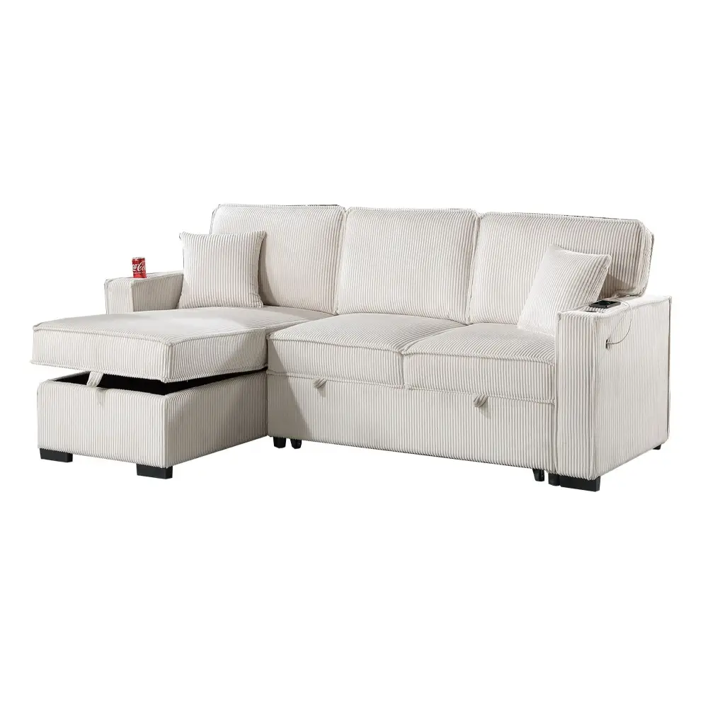 White corduroy sectional sofa with reversible chaise and storage, includes pull-out bed