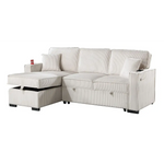 White corduroy sectional sofa with reversible chaise and storage, includes pull-out bed