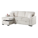 White corduroy sectional sofa with reversible chaise and storage, includes pull-out bed