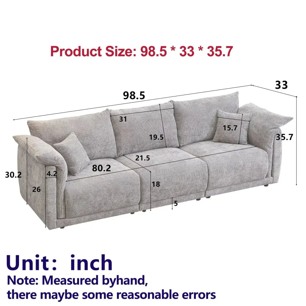 Gray corduroy three-seater sofa with sturdy wood frame and detailed package size