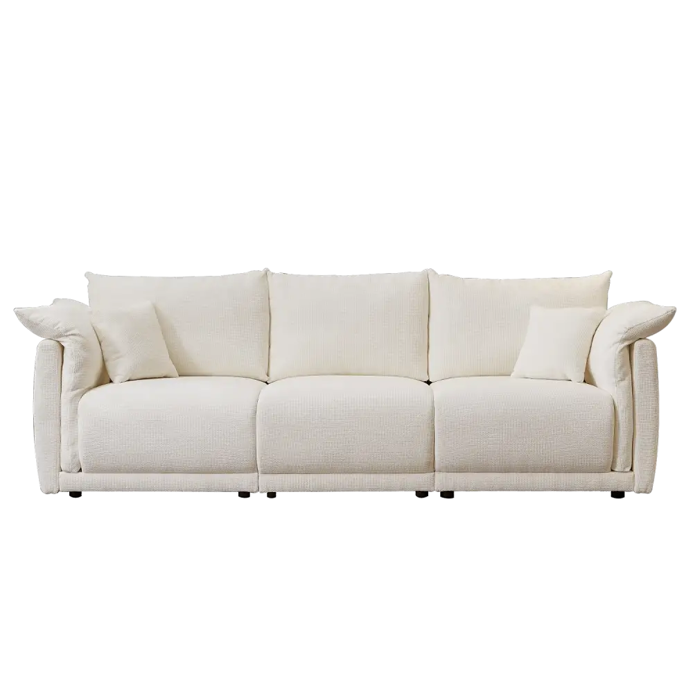 Cream-colored three-cushion sofa with throw pillows showcasing sturdy wood frame and package size