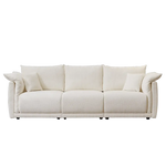 Cream-colored three-cushion sofa with throw pillows showcasing sturdy wood frame and package size