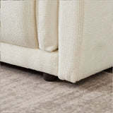 Cream-colored textured sofa corner showcasing sturdy wood frame, package size included