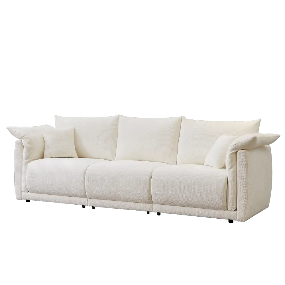 White three-cushion sofa with throw pillows showcasing sturdy wood frame package size