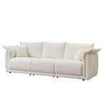 White three-cushion sofa with throw pillows showcasing sturdy wood frame package size