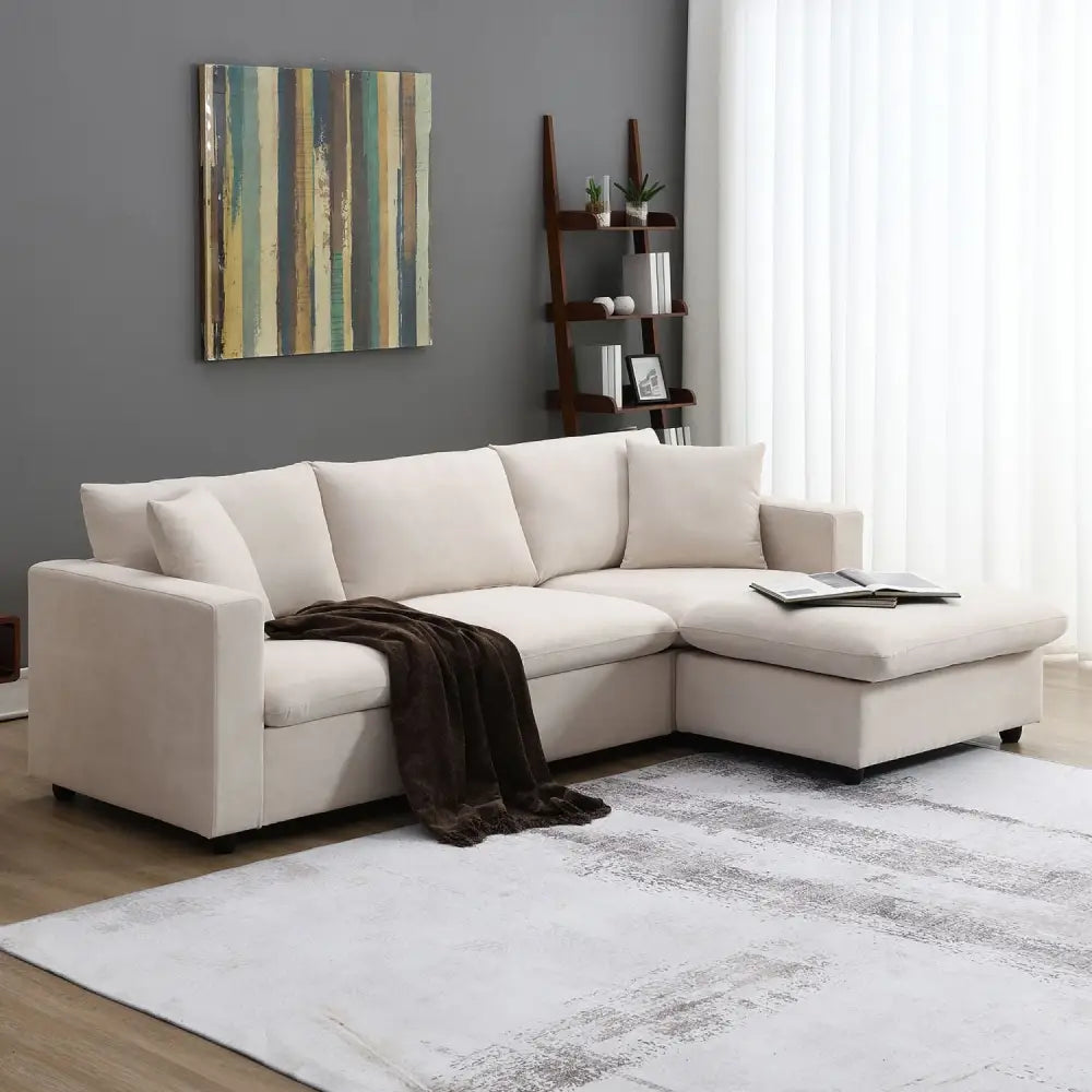 Beige sectional sofa showcasing modern design, package size, and quantity details