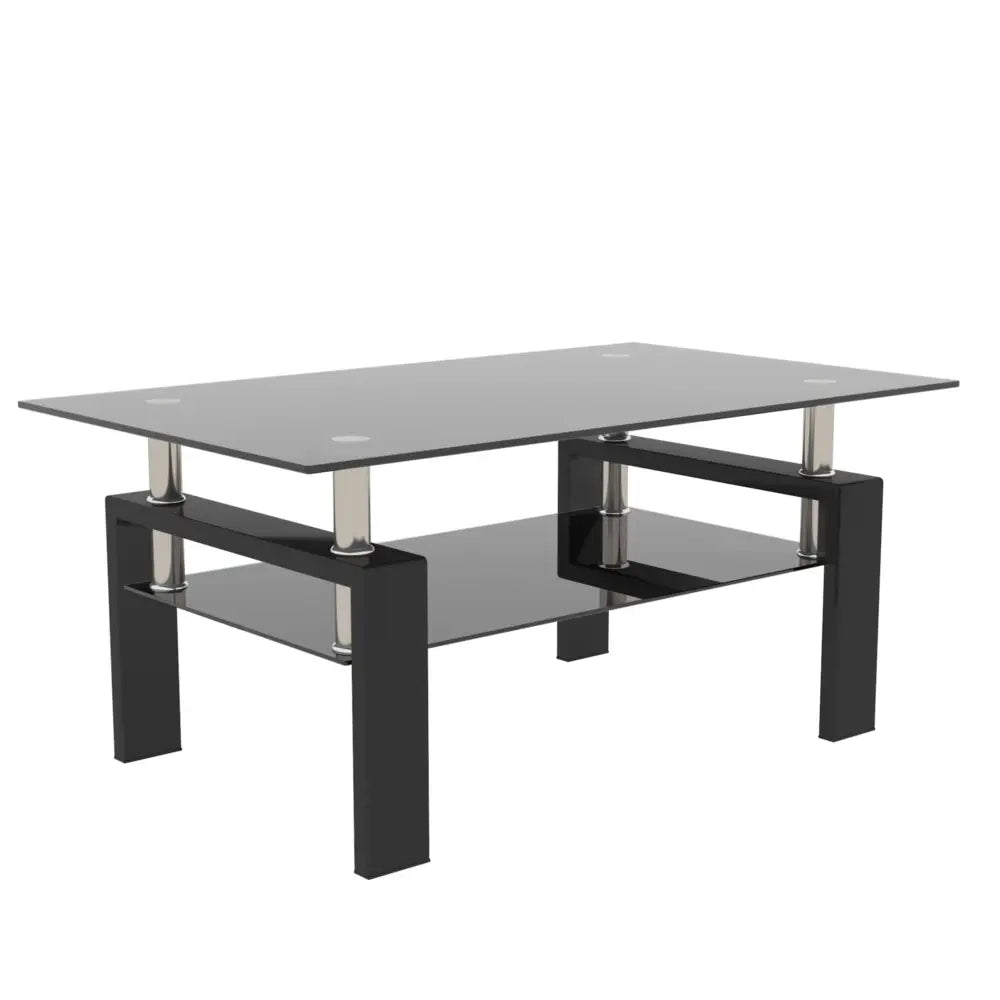 Black glass coffee table with a weight capacity of 220lbs for modern living rooms