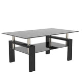 Black square glass coffee table with a weight capacity of 220lbs