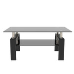 Black glass coffee table with weight capacity 220lbs, featuring a sleek black color design
