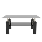 Black glass coffee table with weight capacity 220lbs, featuring a sleek black color design