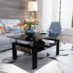 Black glass coffee table showcasing sleek black color and 220lbs weight capacity