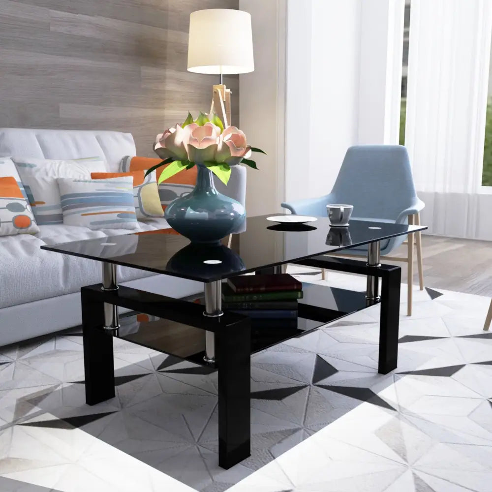 Black glass coffee table showcasing sleek black color and 220lbs weight capacity