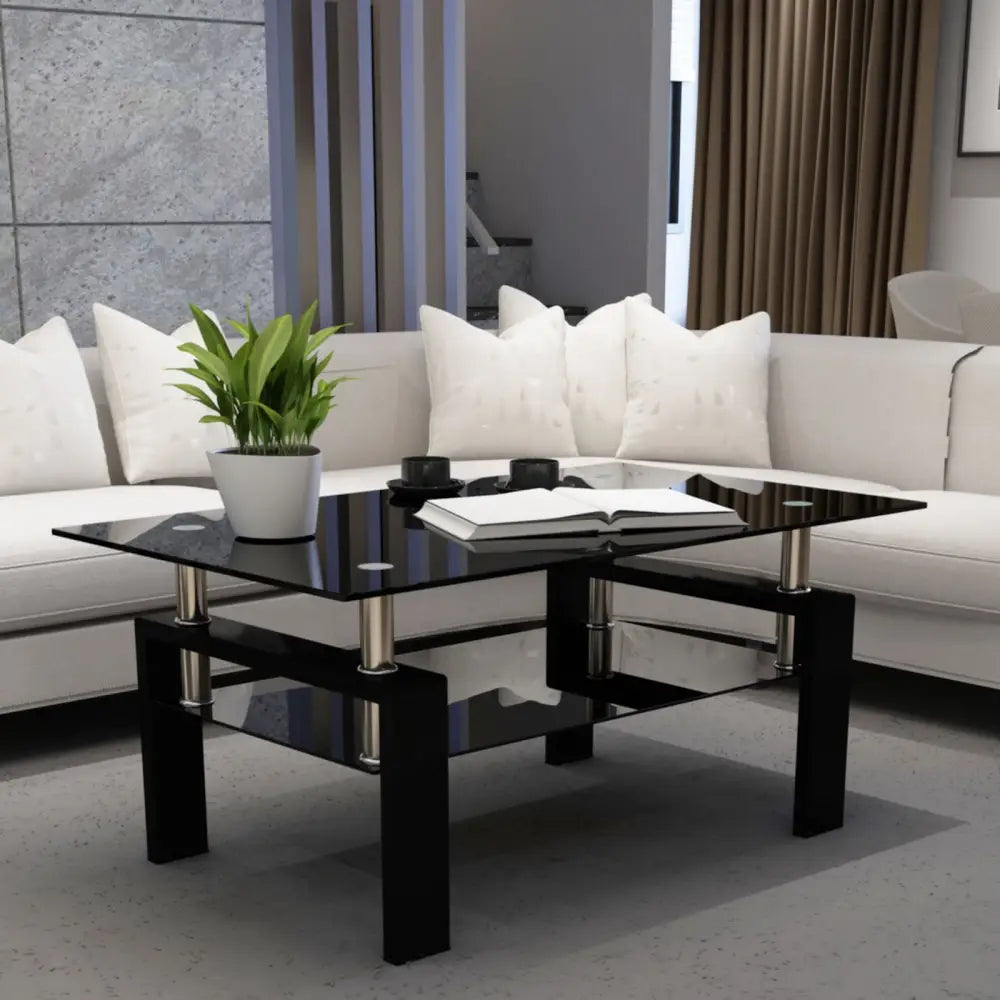 Black glass coffee table with a 220lbs weight capacity in sleek black color