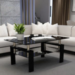 Black glass coffee table with a 220lbs weight capacity in sleek black color