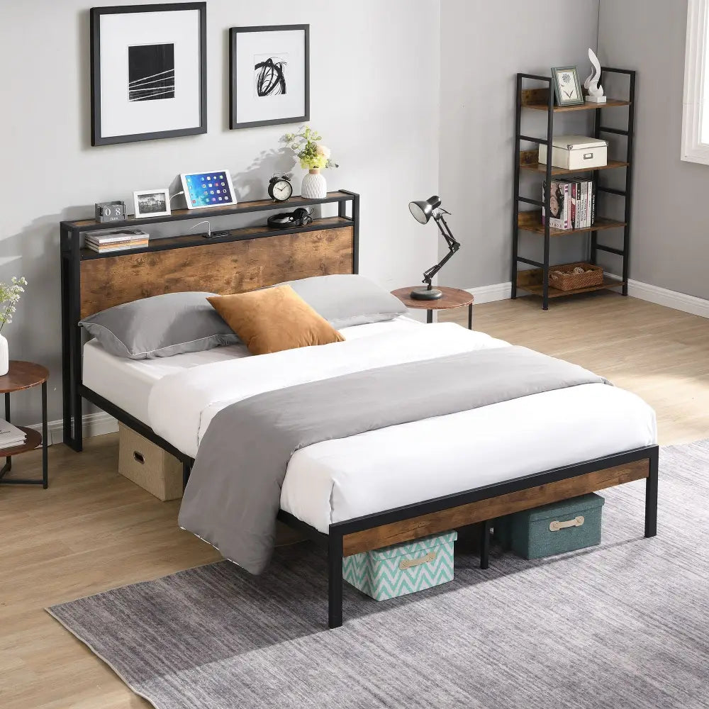 Black metal bed with wooden headboard, rustic style, no box spring needed