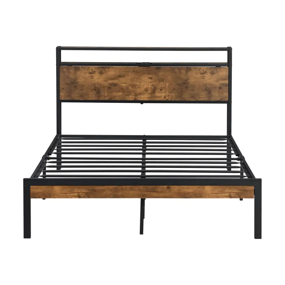 Black metal bed frame with wooden headboard no box spring needed for modern bedroom style