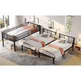 Black metal triple bunk bed with upper beds in a sturdy twin over twin design