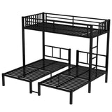 Black metal triple bunk bed with twin over twin upper beds in a modern design