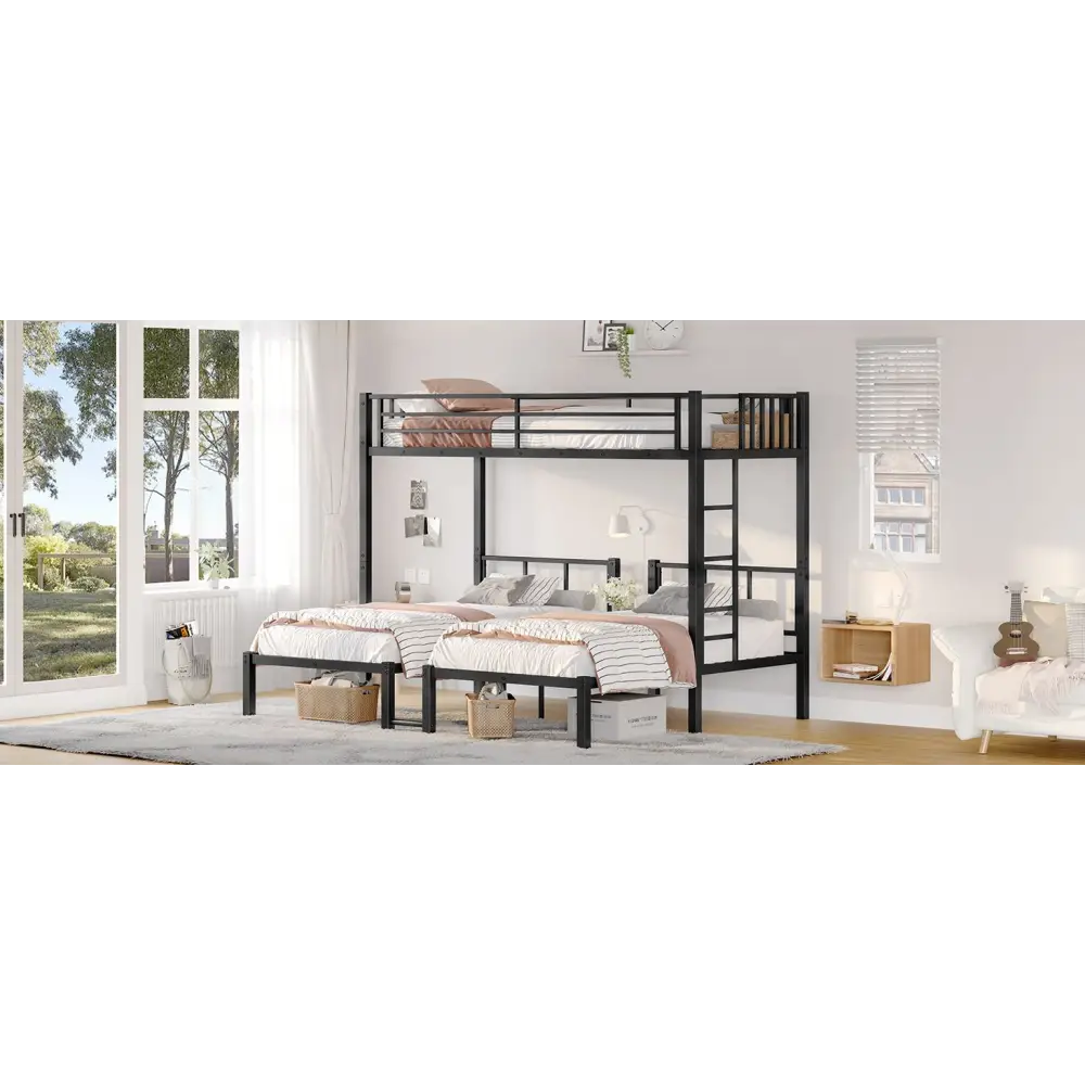 Black metal triple bunk bed with two lower twin beds and an upper bed for space-saving sleeping quarters
