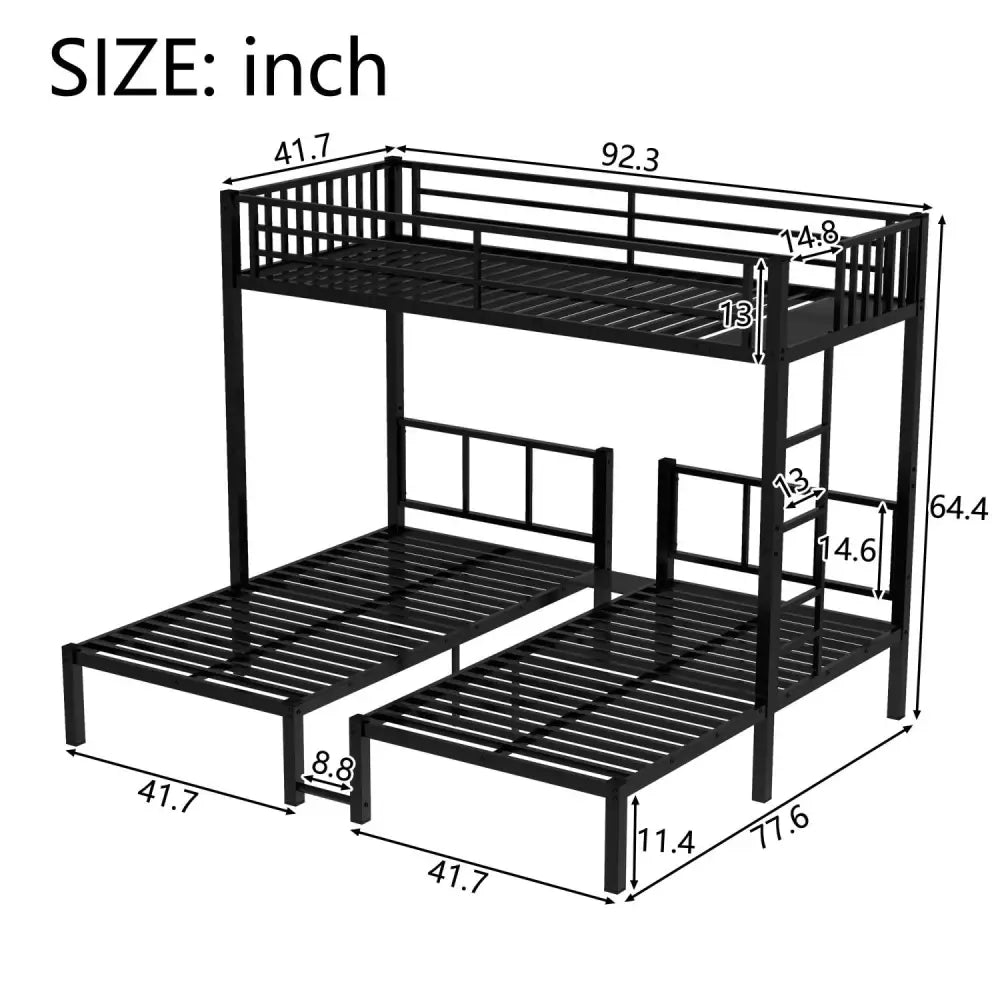 Black Metal Triple Bunk Bed with dimensions showing upper bed and overall design