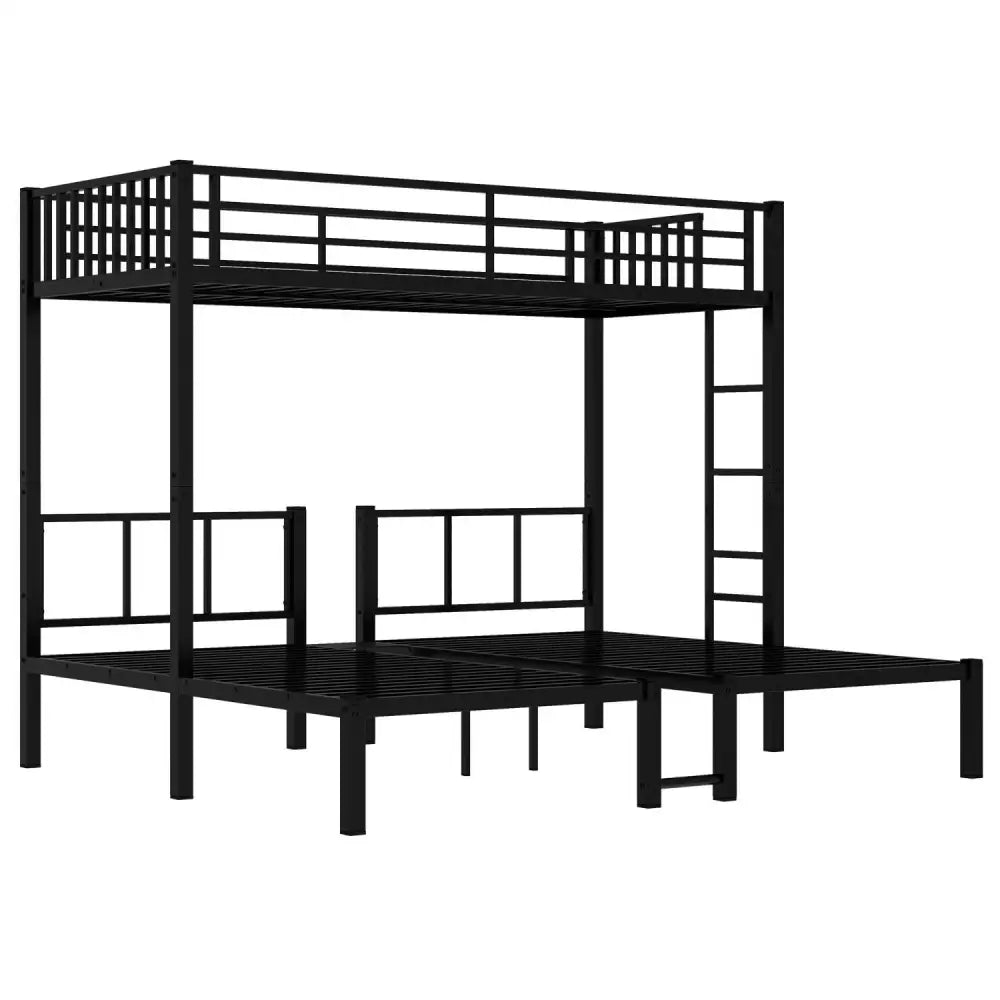 Black metal triple bunk bed with upper beds and twin over twin design