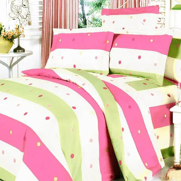 Colorful striped bedding with polka dots from Blancho Bedding Queen Duvet Cover Set featuring fitted sheet