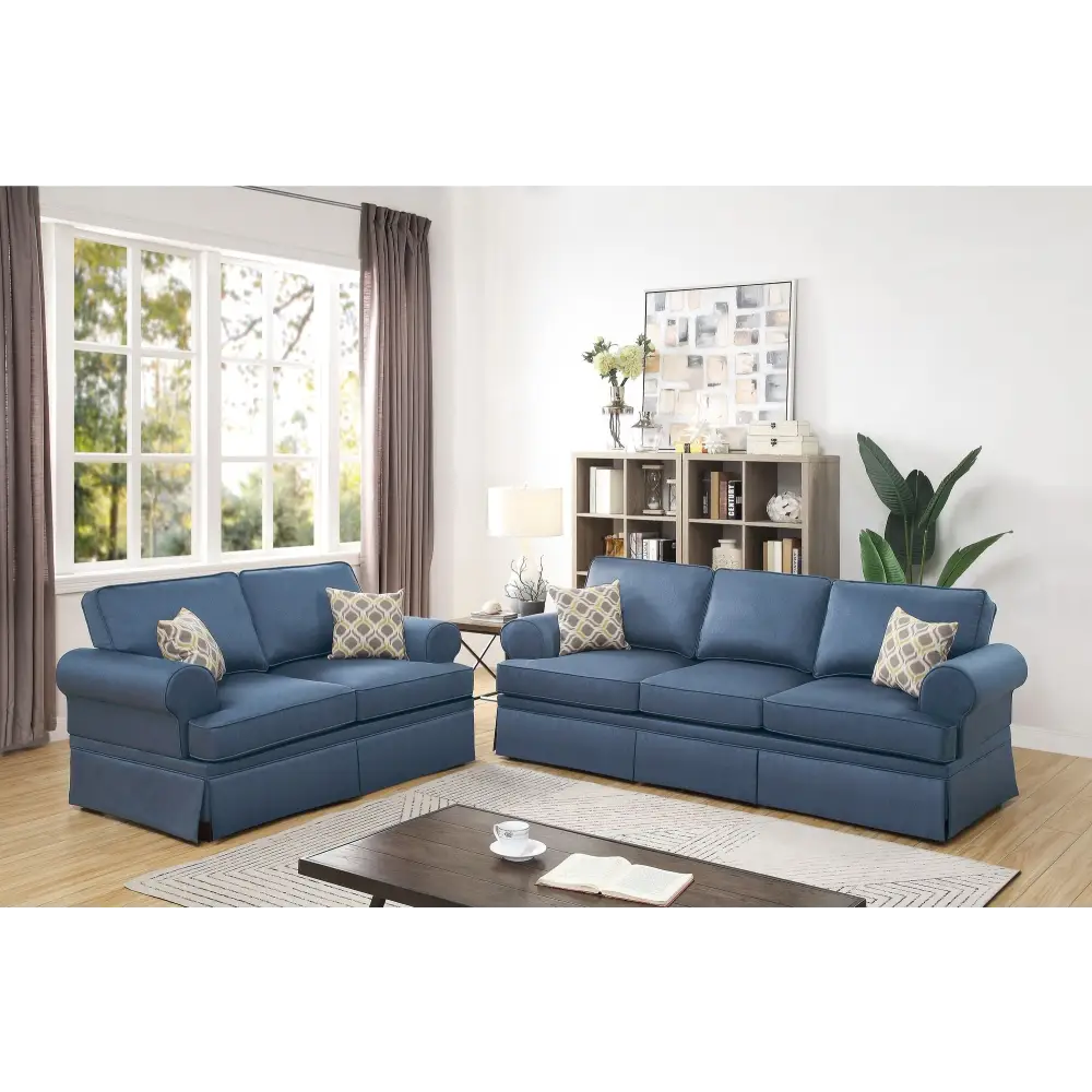 Blue upholstered 2pc sofa set from Blue Glossy Polyfiber living room furniture