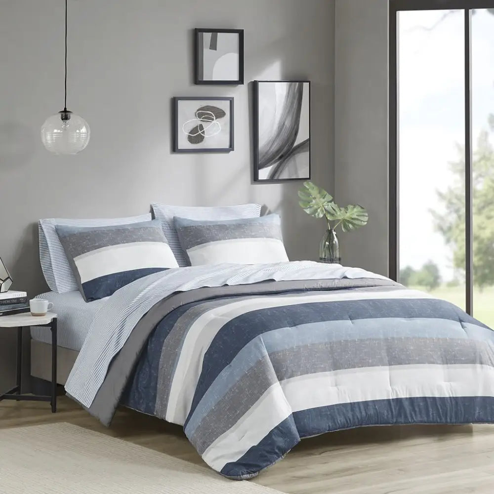 Blue Grey Stripe Comforter Set with Twin Size Fitted Sheet display