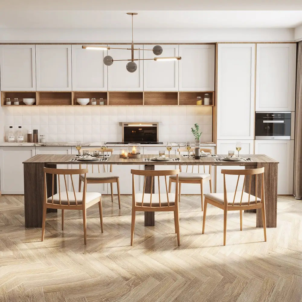 Modern dining set displayed on a Brown Extendable Console Table, an elegant extendable console table