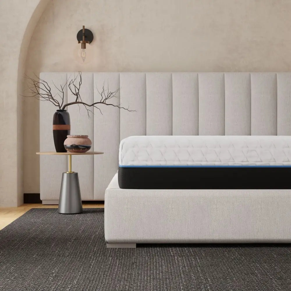 White california king mattress with blue accents and copper-infused memory comfort layer