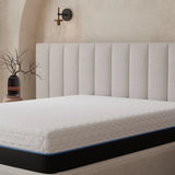 California king white mattress with black and blue trim featuring memory comfort layer