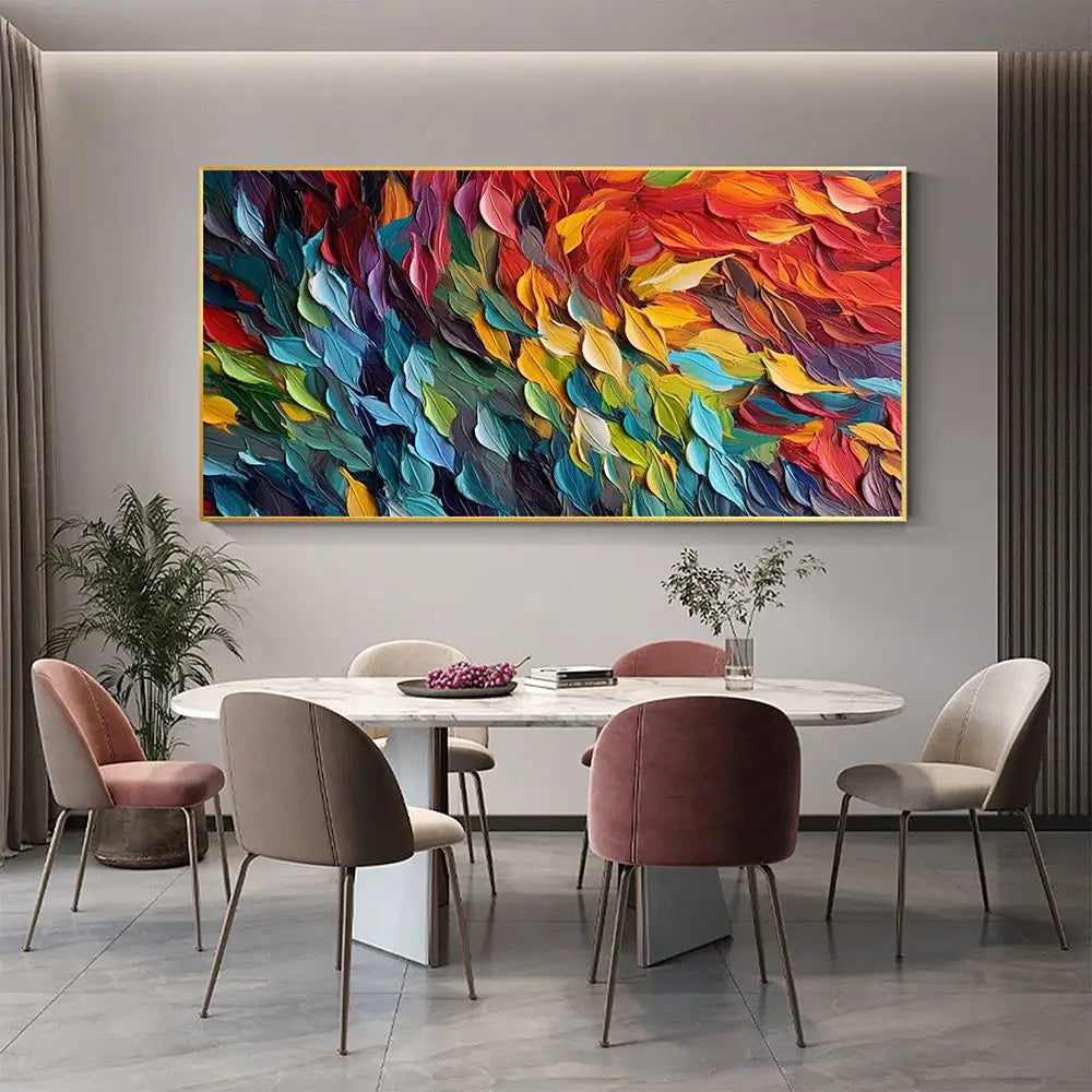 Colorful abstract oil painting titled Colorful Feathers Original Canvas Art