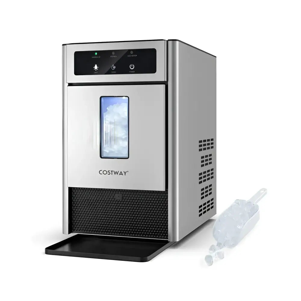 Silver ice maker with scoop for nugget ice and 33 lbs ice basket storage