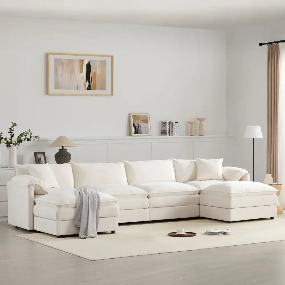Cream Chenille Modular Sectional Sofa Package Size in a modern living room setting
