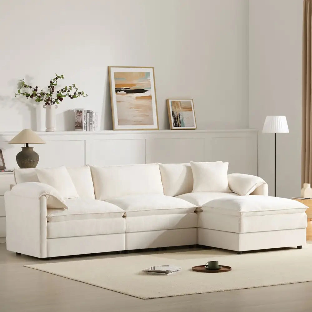 Cream Chenille Modular Sectional Sofa with Ottoman showcasing soft material and versatile design