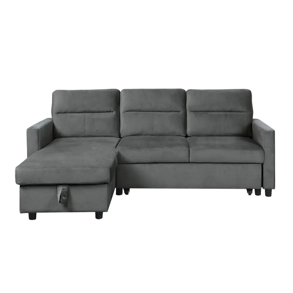 Dark gray velvet sleeper sectional with storage chaise sofa in package size display