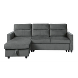 Dark gray velvet sleeper sectional with storage chaise sofa in package size display