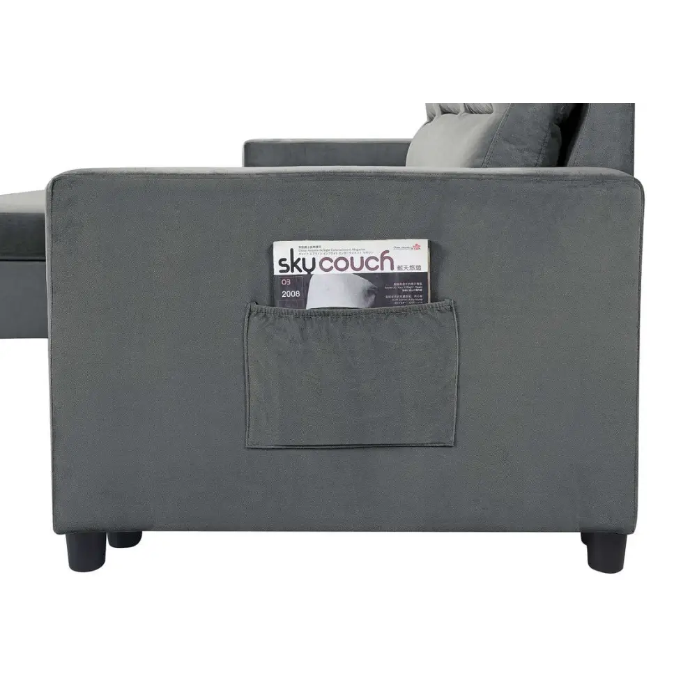 Dark gray velvet sleeper sectional with side pocket and storage chaise product image