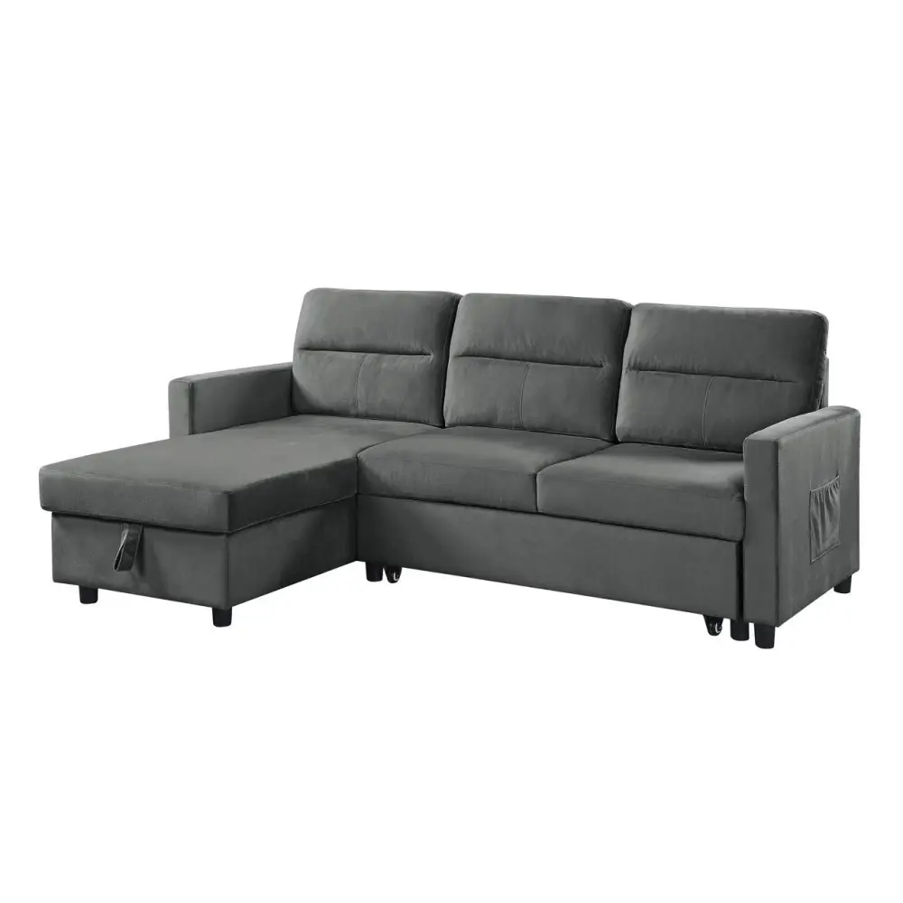 Dark gray velvet sleeper sectional with storage chaise shown in package quantity imagery