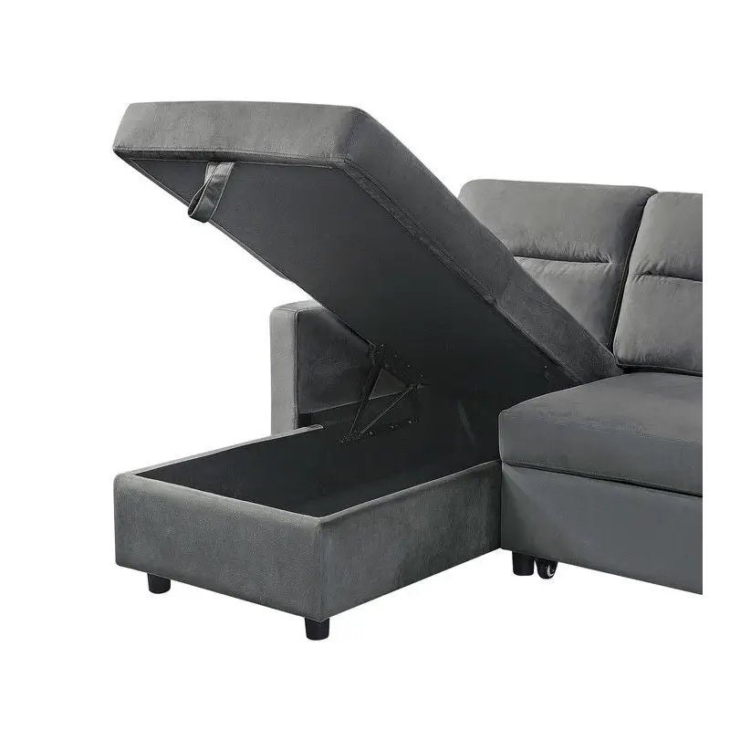 Dark gray velvet sleeper sectional with storage chaise in package quantity setup