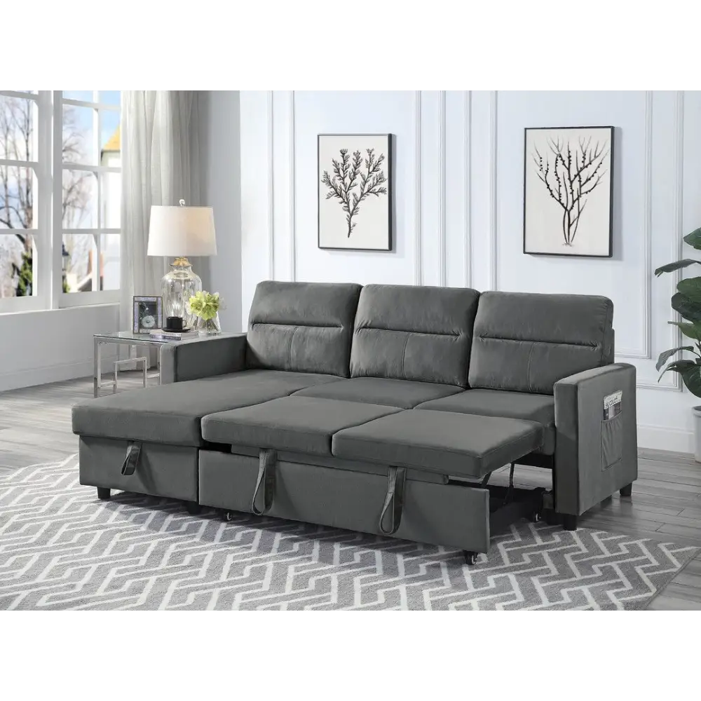 Dark gray velvet sleeper sectional with storage chaise and package quantity feature
