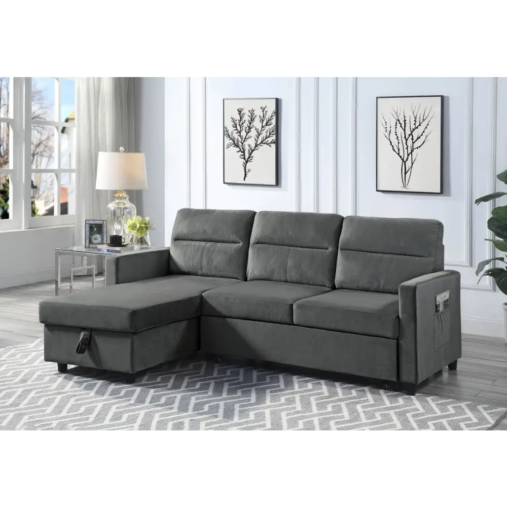 Dark gray velvet sleeper sectional with storage chaise in package quantity shown