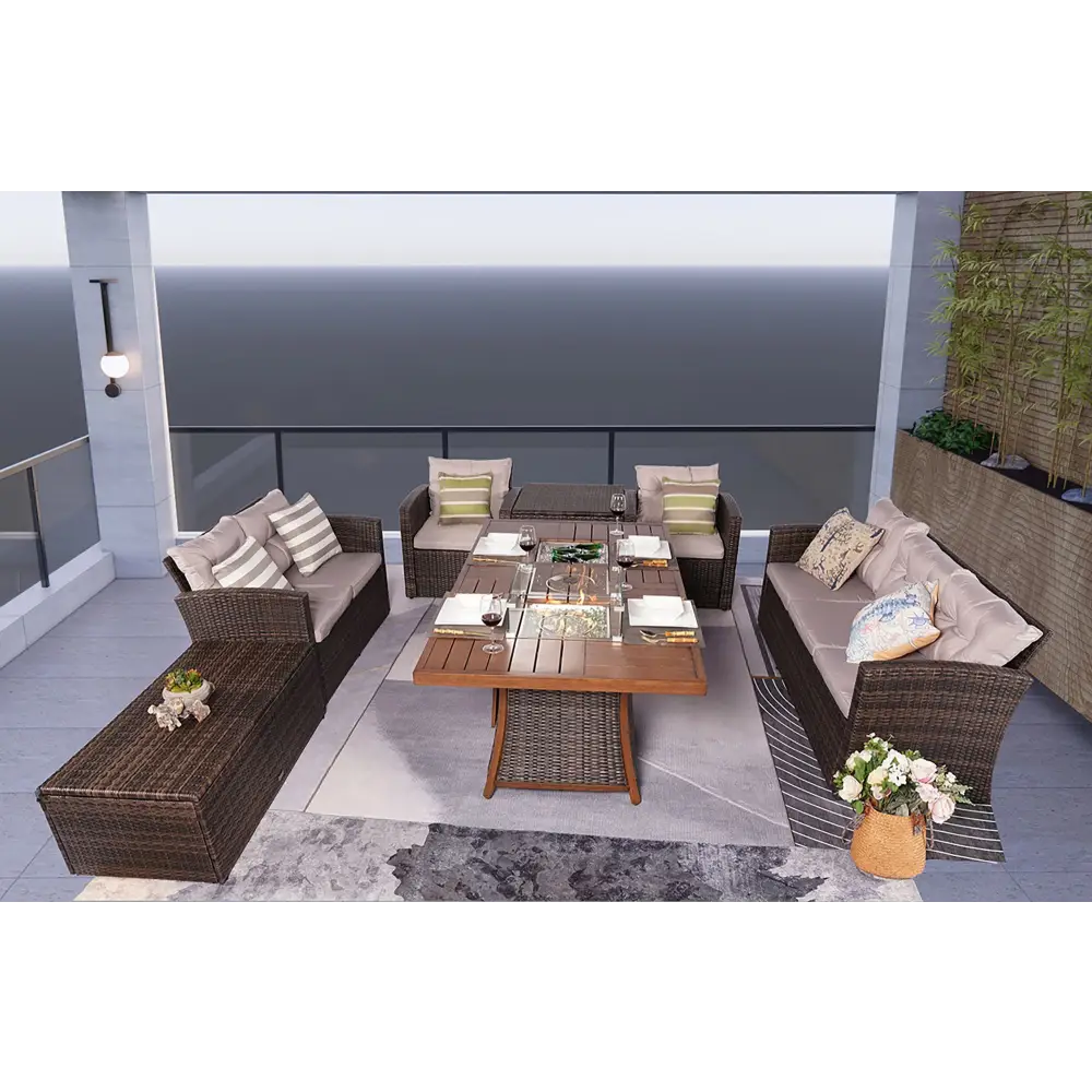 Wicker patio furniture set with fire pit table, 72 inches wide, 30 inches high, 35 inches deep
