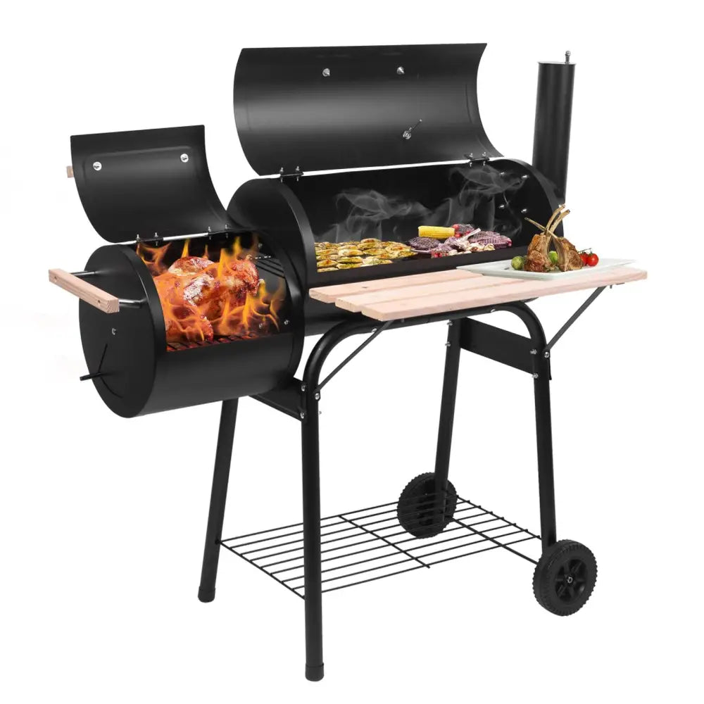 Black charcoal grill with side smoker, dual barrel painted stainless steel design