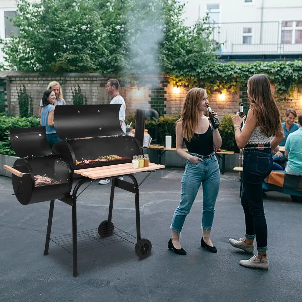 Black barrel grill with wooden shelf from Dual Barrel Painted Stainless Steel Grill collection