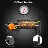 Offset smoker with temperature gauge on Dual Barrel Painted Stainless Steel Charcoal Grill
