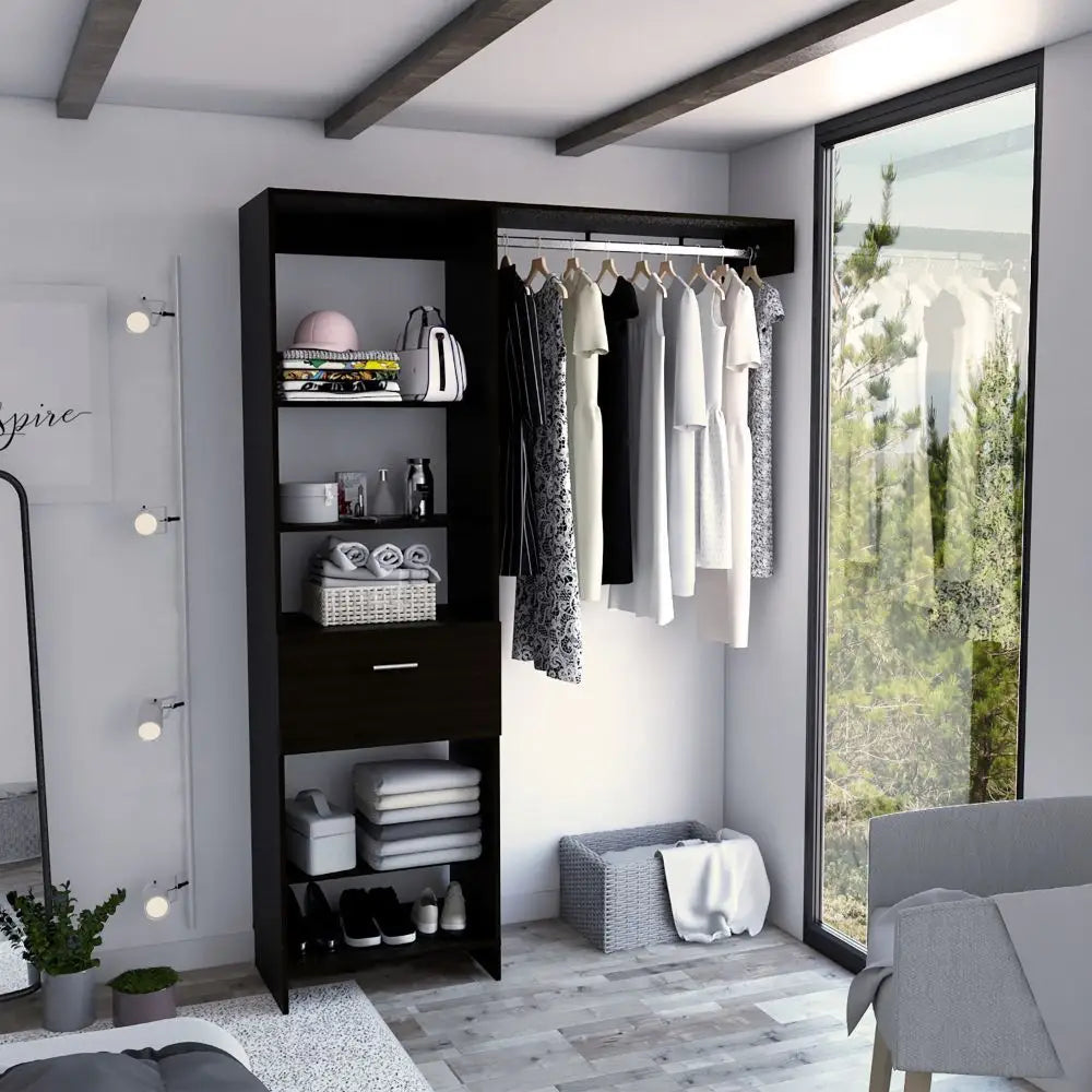 Black closet organizer from Dynamic Closet System with metal rod and 1-year warranty coverage